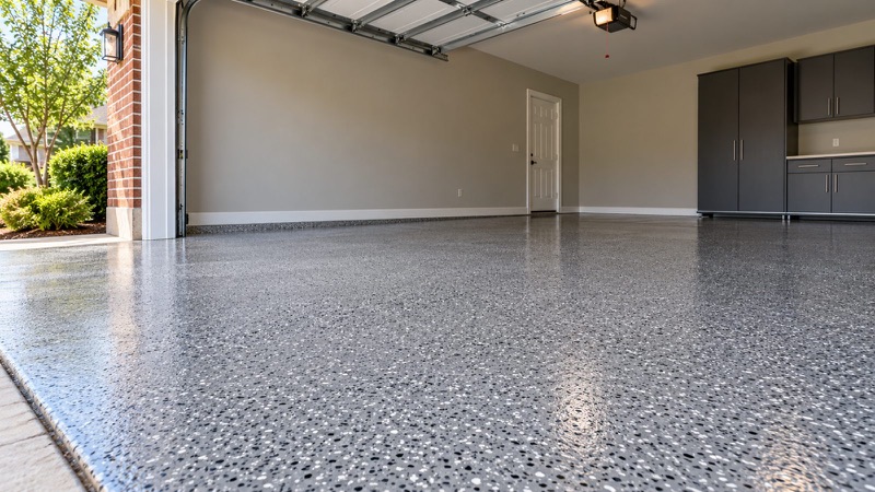 Glossy gray flake epoxy floor in an open two-car garage
